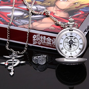 Fullmetal Alchemist pocket watch+necklace+ring a set