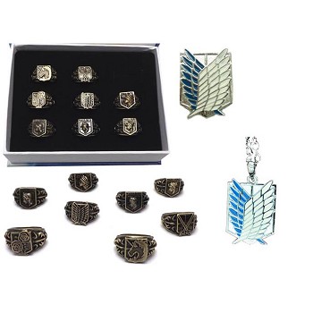 Attack on Titan rings+necklace+pin a set