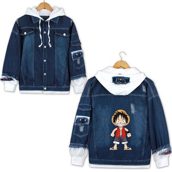  One Piece anime fake two pieces denim jacket hoodie cloth 