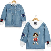 One Piece anime fake two pieces denim jacket hoodi...