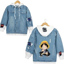  One Piece anime fake two pieces denim jacket hoodie cloth 