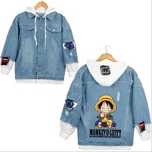 One Piece anime fake two pieces denim jacket hoodi...