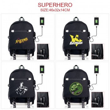 Super Hero Iron Spider Super Man USB charging laptop backpack school bag