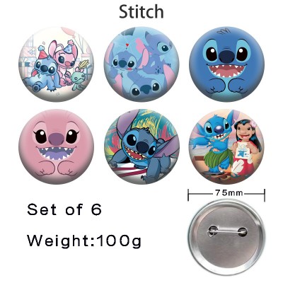75MM Stitch anime tinplate brooch pins set(6pcs a set)